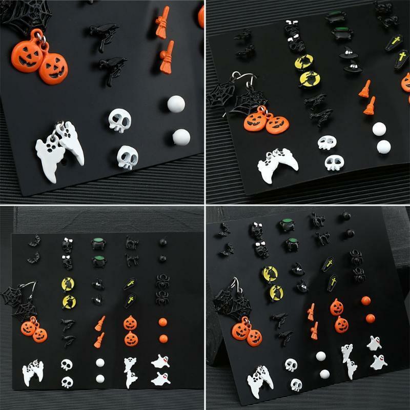 Christmas Halloween Stud Earring Set Women Bat Pumpkin Lamp Spider Web Earrings
