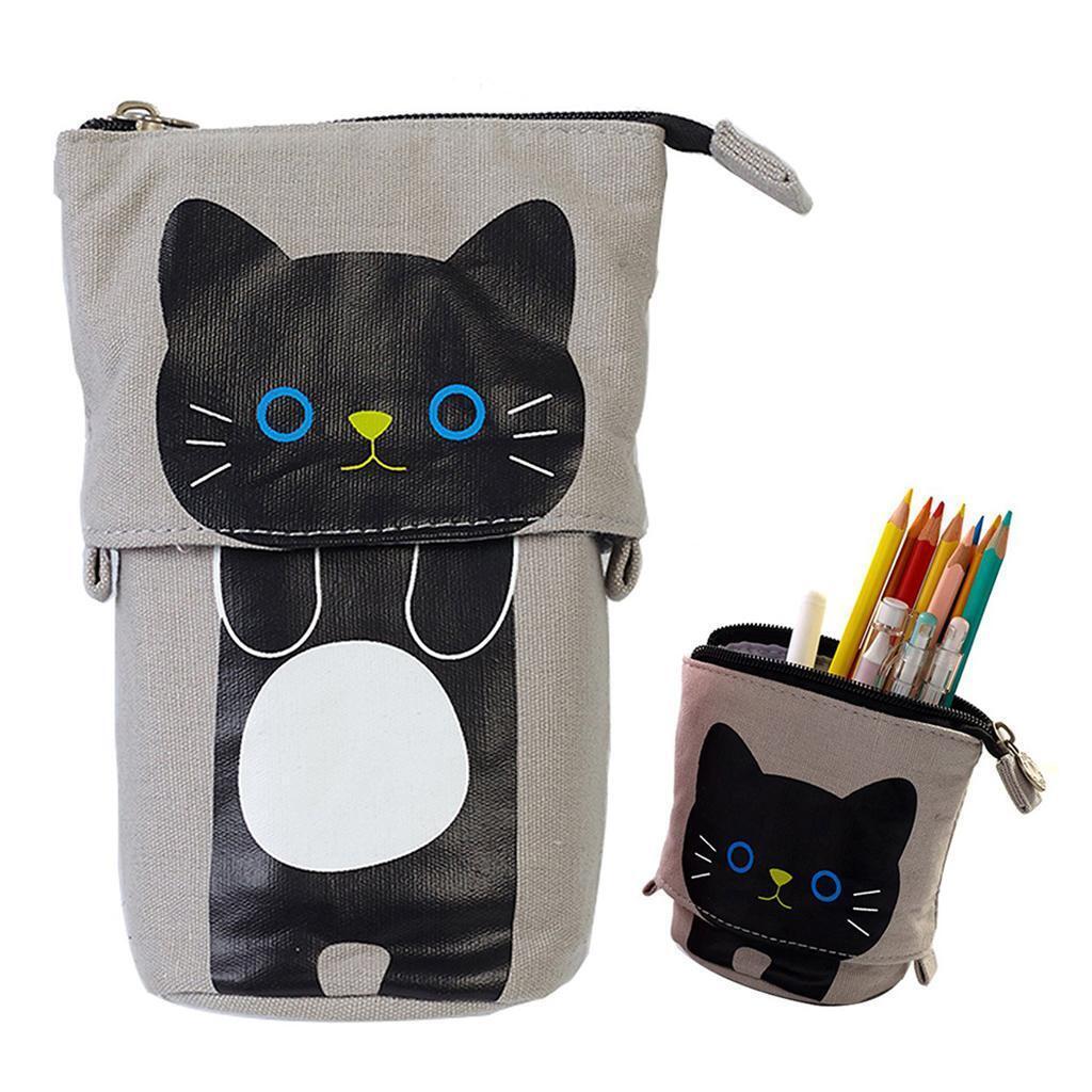 2Pcs Canvas Cat Pencil Case Pen Bag with Zipper Brush Pouch for Girls Home