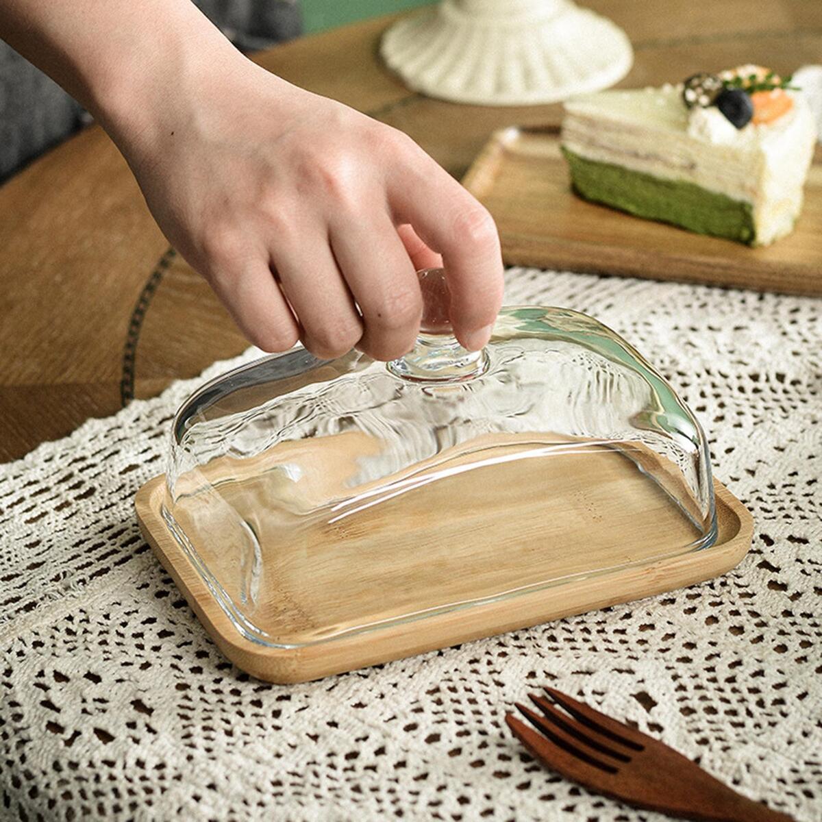 Cake Stand with Glass Cover Cheese Board Platter Wood Serving Tray for Food