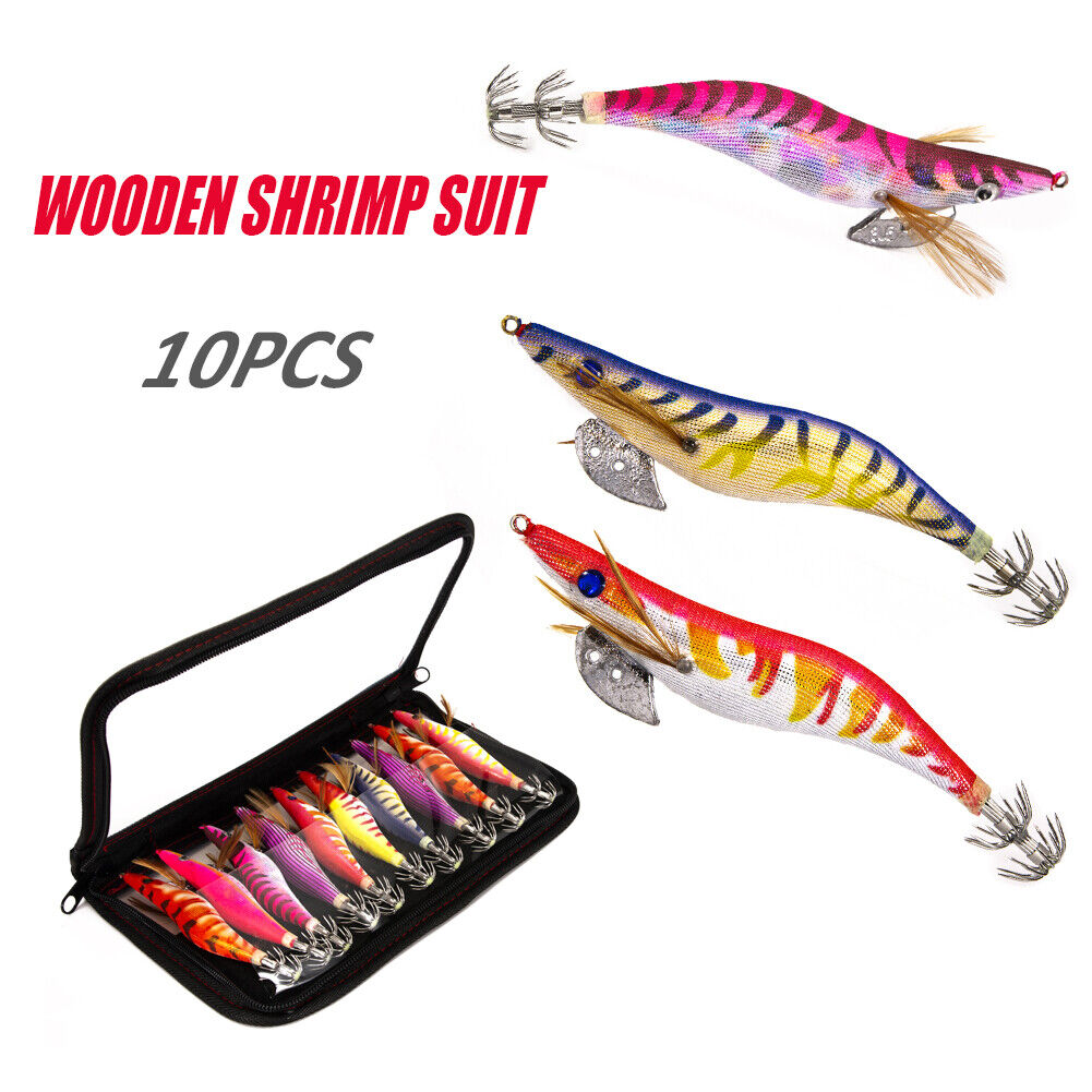 10pcs Wooden Shrimp Jig Hook Squid Cuttlefish Jigging Lures Fishing Baits