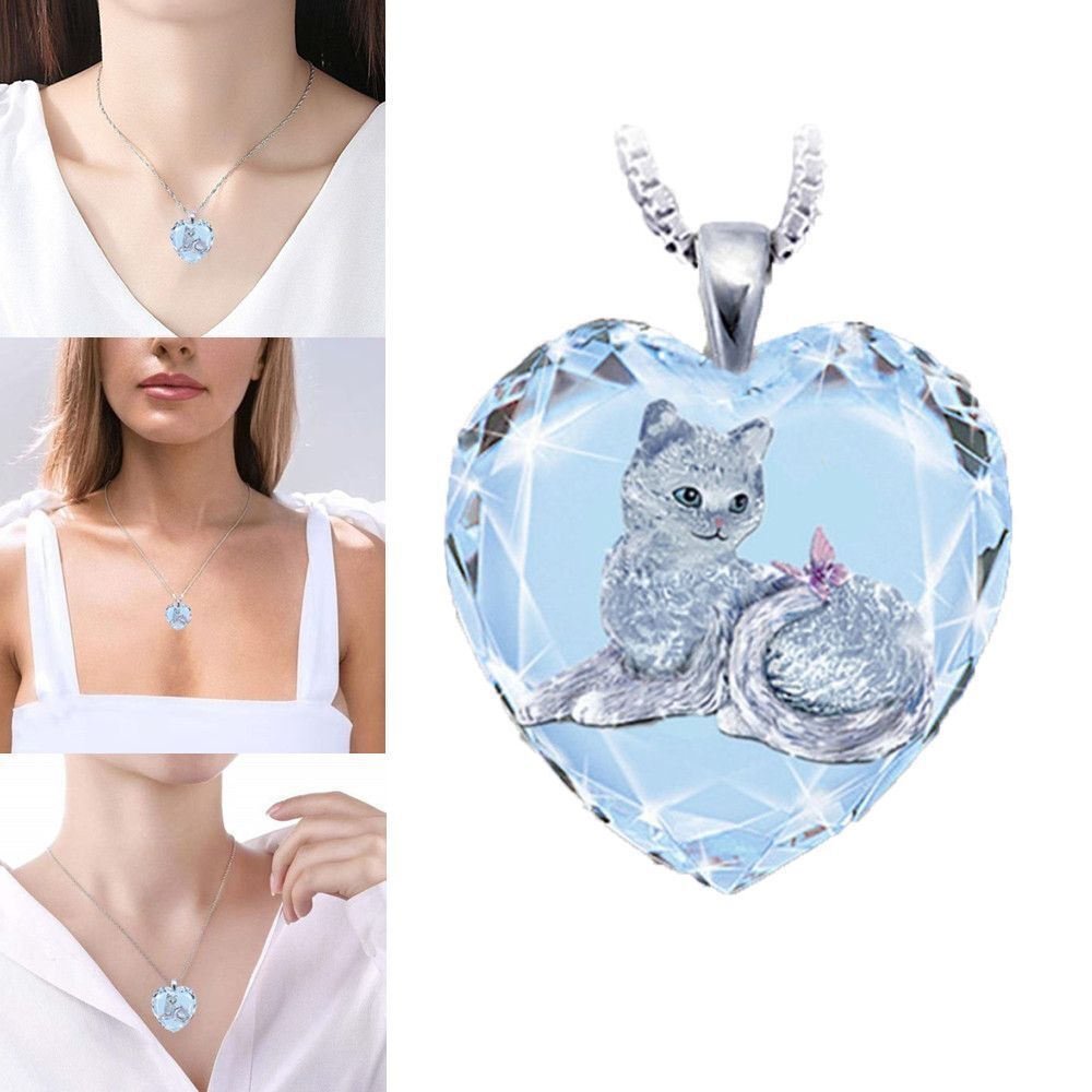 Party White Crystal Cat Pattern Pendant Heart Shaped Jewelry Women's Necklace