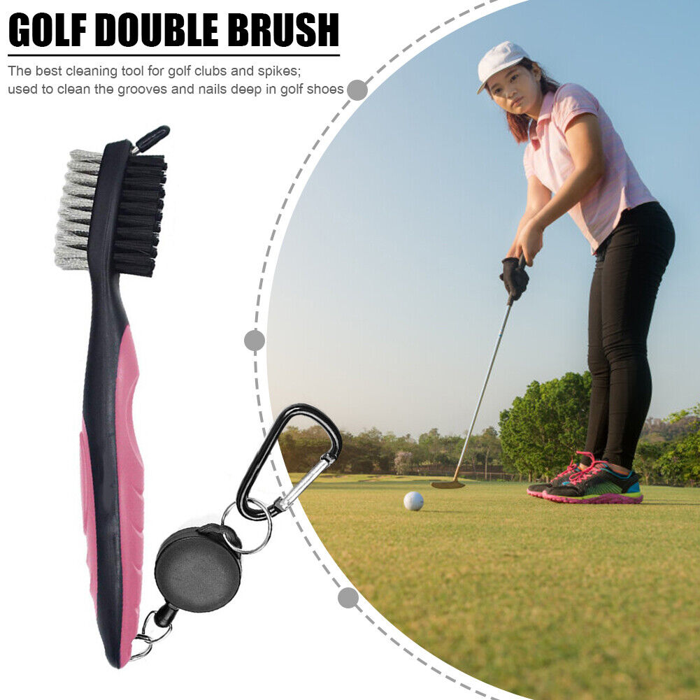 Retractable Golf Club Brush Groove Cleaner w/ Clip for Irons Woods (Pink)