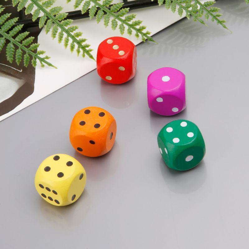 Set of 5 Large 16mm Round Corner Wooden Dice (5 Colors with dots)