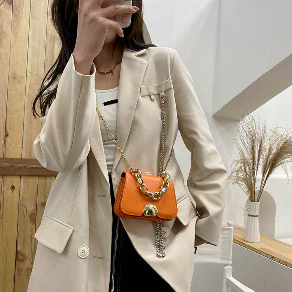 Designer Women Chain PU Leather Shoulder Bag Mini Square Handbag (Orange)