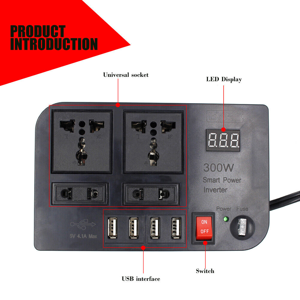 LED Display Car Inverter DC 12V to AC 220V 4 USB Power Converter Splitter