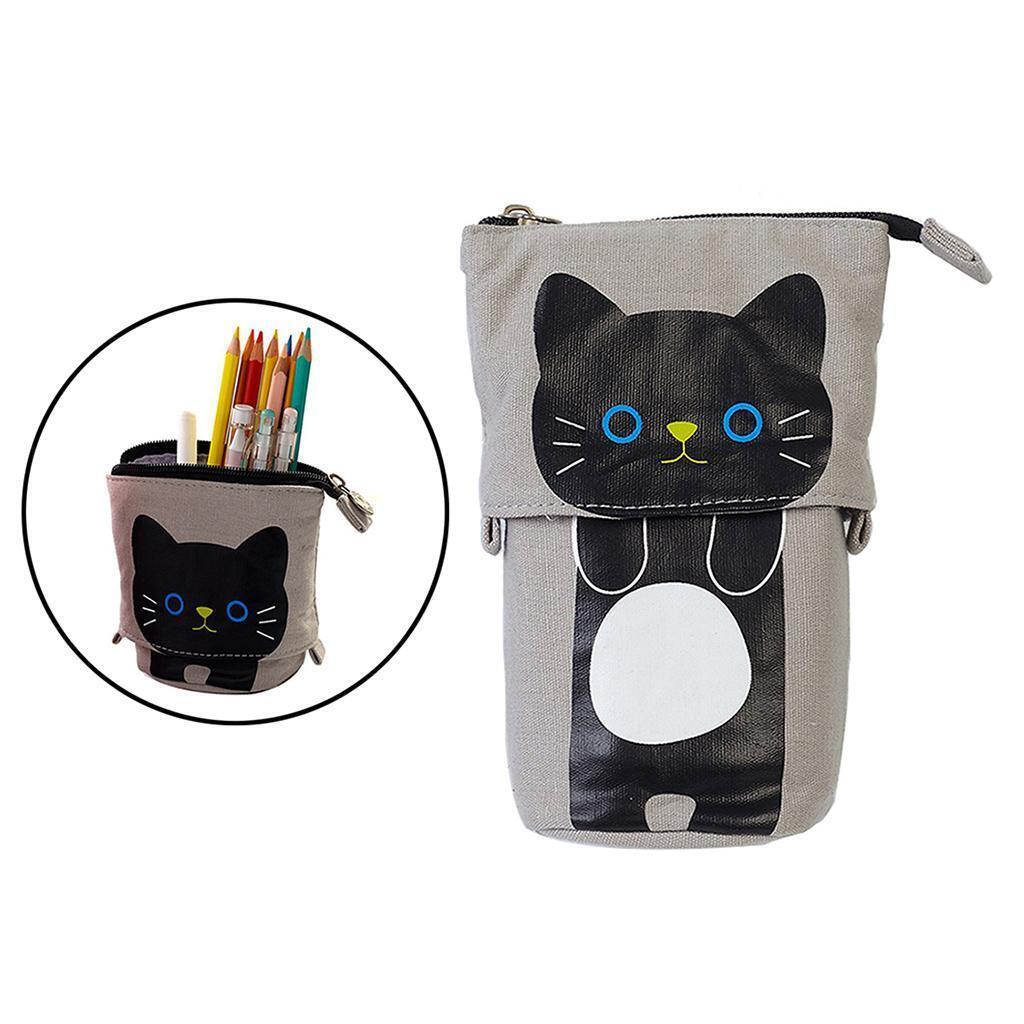 2Pcs Canvas Cat Pencil Case Pen Bag with Zipper Brush Pouch for Girls Home