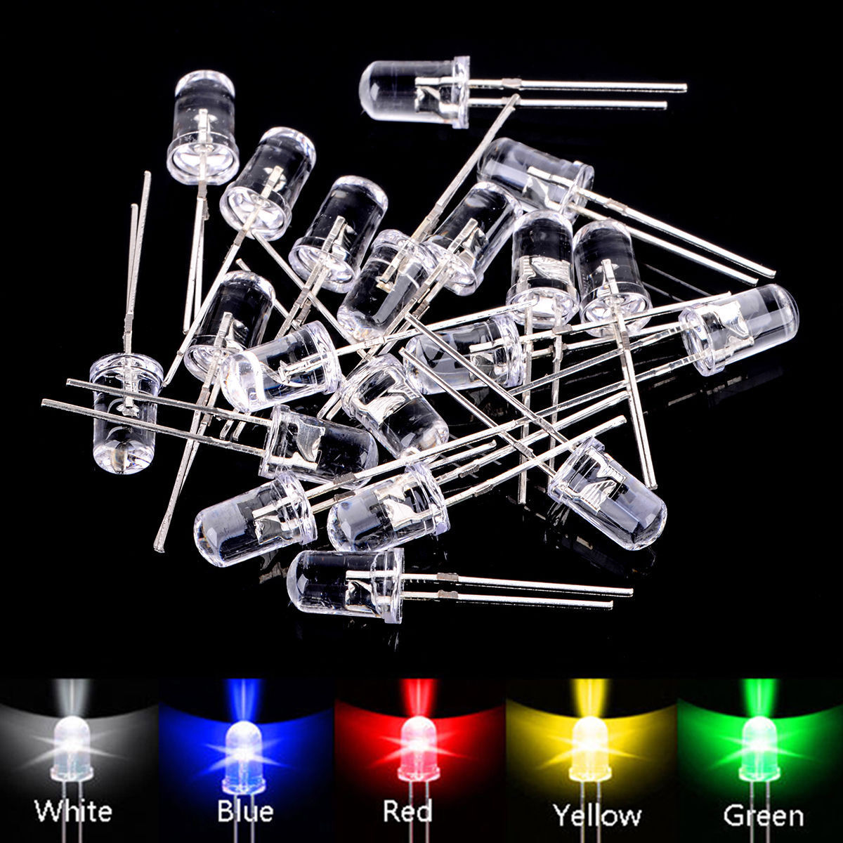 100pcs 5mm LED Diodes Emitting White Yellow Red Green Blue Assorted Kit DIY