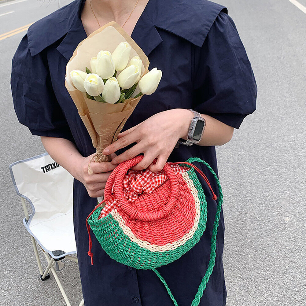 Beach Straw Crossbody Bag Watermelon Handwoven Half Round Holiday Handbag