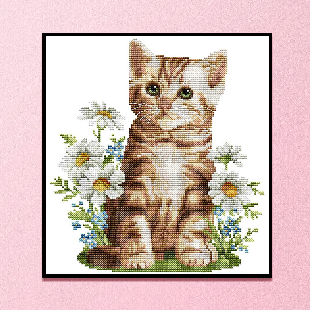 Flower Cat Partial Cross Stitch 14CT Counted Embroidery DIY Animal Crafts