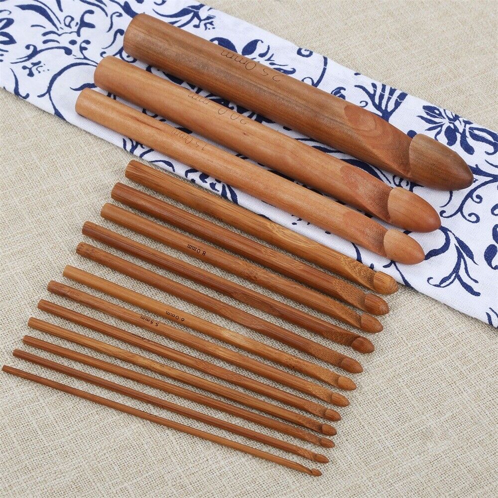 15x Practical Wooden Bamboo Large Crochet Needle Hook Knitting Tool for Sweater