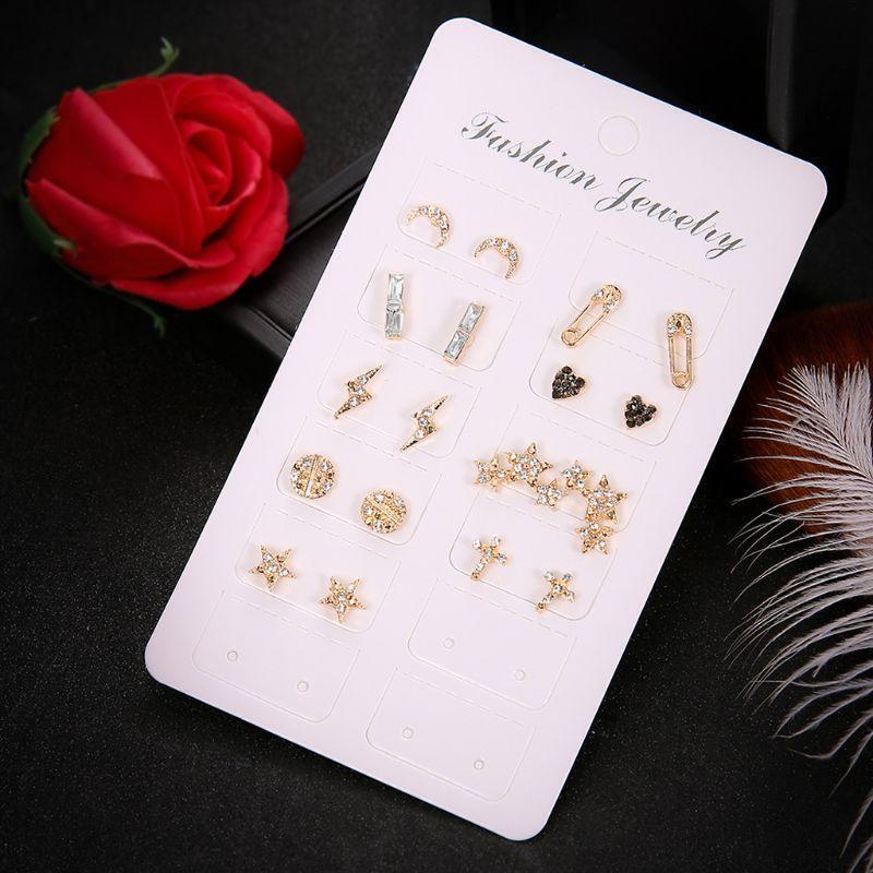 9Pcs Bohemian Cross Heart Stars Moon Squar Honeymoon Crystal Stud Earrings Kit