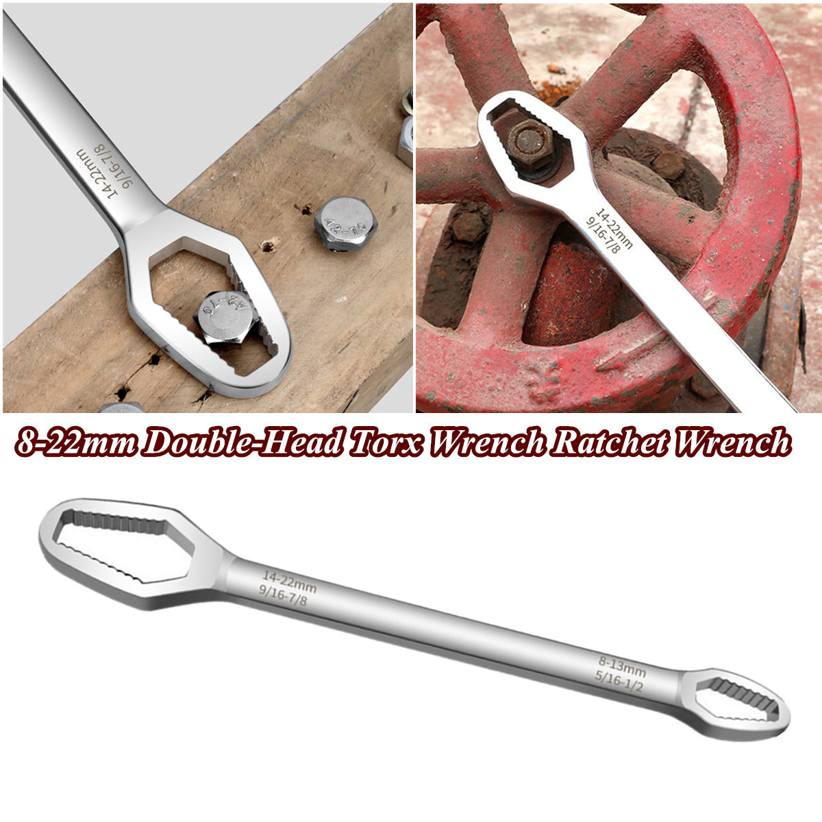 Multi-purpose 8-22mm Double-Head Self-Tightening Adjustable Torx / Rachet Wrench