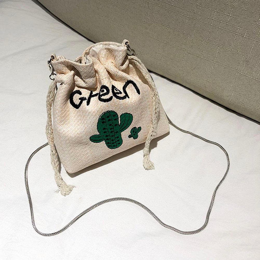 Cactus Embroidery Straw Crossbody Bucket Mini Women Chain Shoulder Bags