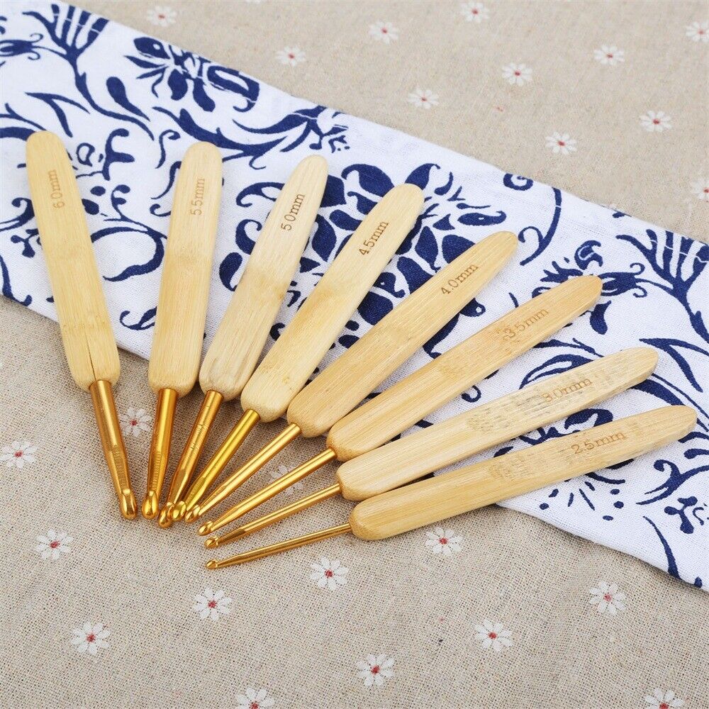 8pcs Bamboo Handle Crochet Hooks Practical Bag Knitting Yarn DIY Sewing Needles