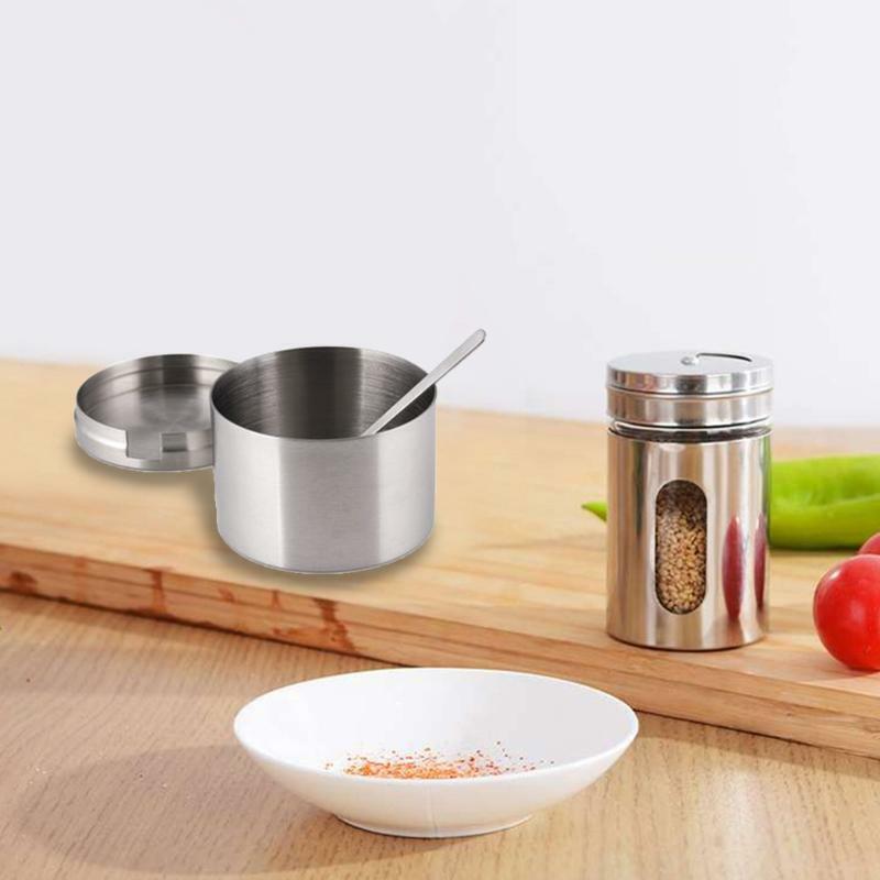 Stainless Steel Sugar Bowl Spoon Seasoning Jar Condiment Pot Spice Container Lid