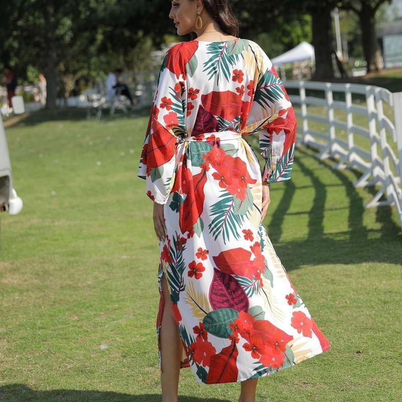 Women 3/4 Sleeve Long Kimono Cardigan Floral Leaves Print Beach Split Cover Up
