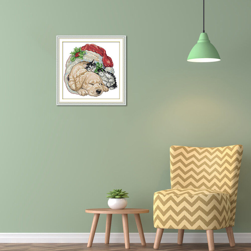 Xmas Dog Cat Cotton Thread 14CT Stamp Cross Stitch Kit Embroidery (DA121)