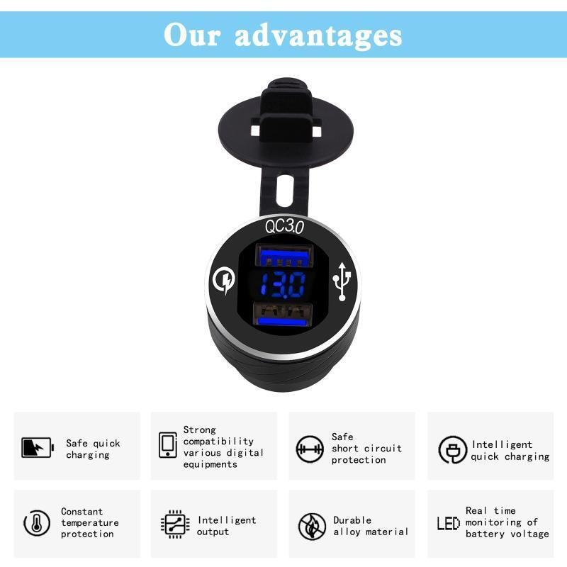 Hella Din Aluminum QC3.0 Dual USB Fast Charger LED Voltmeter for B-MW Motorcycle