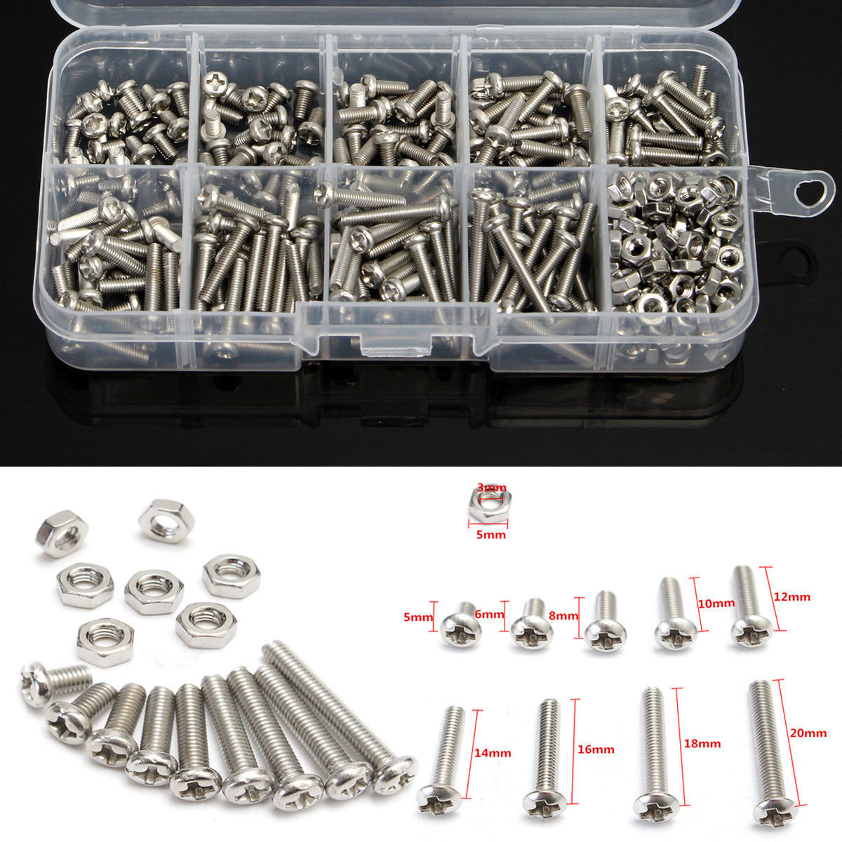 340pcs M3 DIN7985 Stainles Steel Hex Screw Nuts Bolt Cap Socket Assortment Set