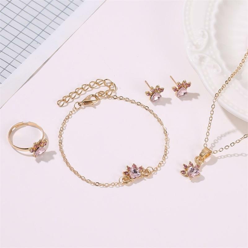 Fashion Finger Ring Pink Crystals Cat Paw Pendant Necklace Earrings Bracelet Ins