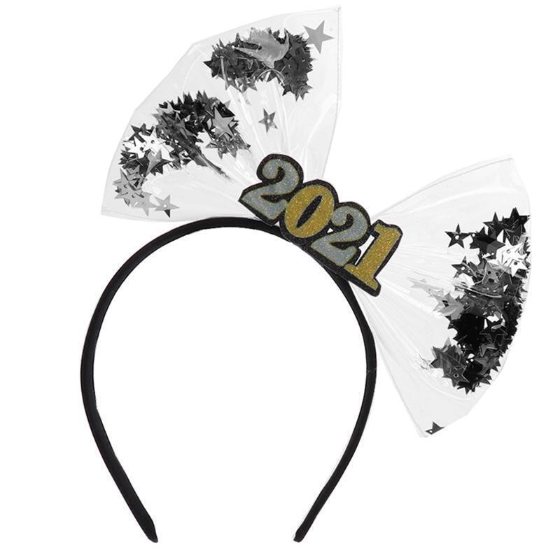 Glitter 2021 Number Headband Big Bowknot Star Sequins New Year Party Hair Hoop