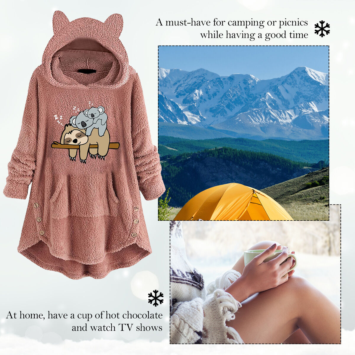 Sherpa Hood Wearable Blanket Plush Fleece Blanket Sweatshirt (Sloth Pink M)