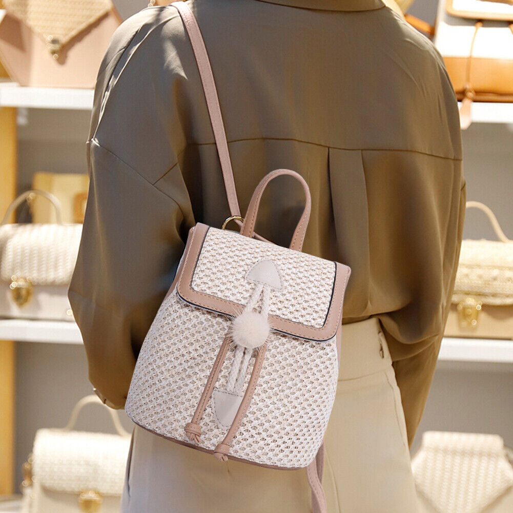 Straw Woven Backpack Beach Women Fashion Leather Pompom Travel Shoulder Bag