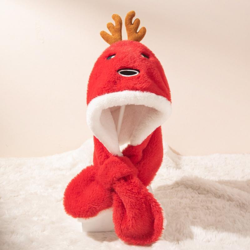1-4Y Windproof Hooded Scarf Deer Winter Hat Scarf One Piece Head Warmer Fleece