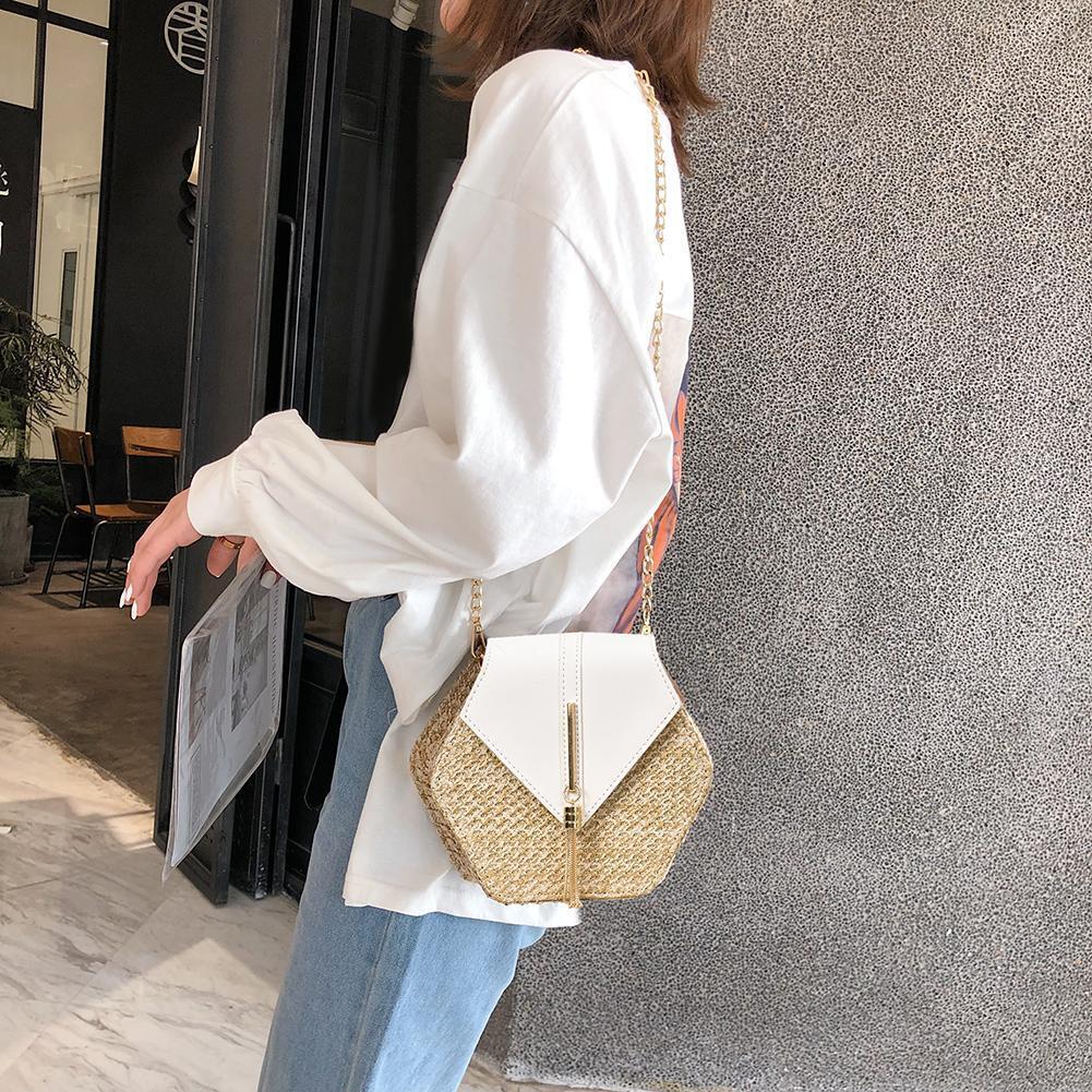 Hex-shape Straw+PU Shoulder Handbags Beach Women Top-handle Bags (White)