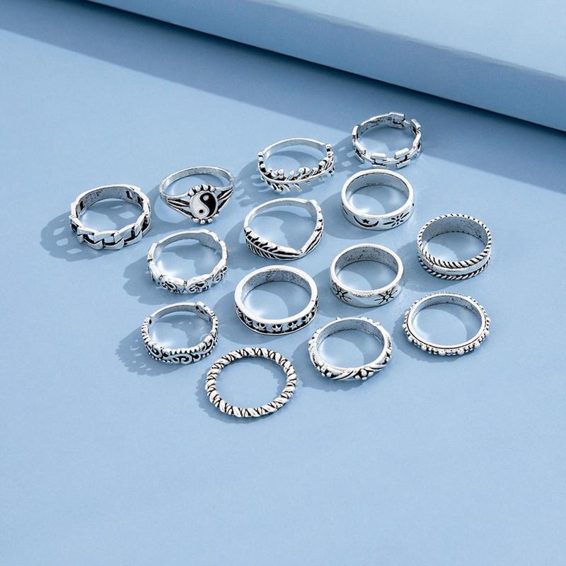 14 Pcs Neo-Gothic Rings Knuck-le Stacking Rings Yin Yang Ring Elephant Star Moon