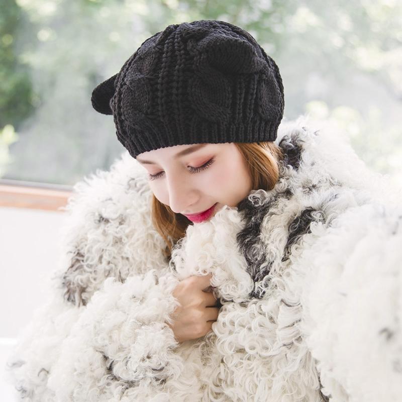 Autumn Winter Warm Cute Hat Cat Ear Cap Knit Crochet Beanie Hat For Women Girls