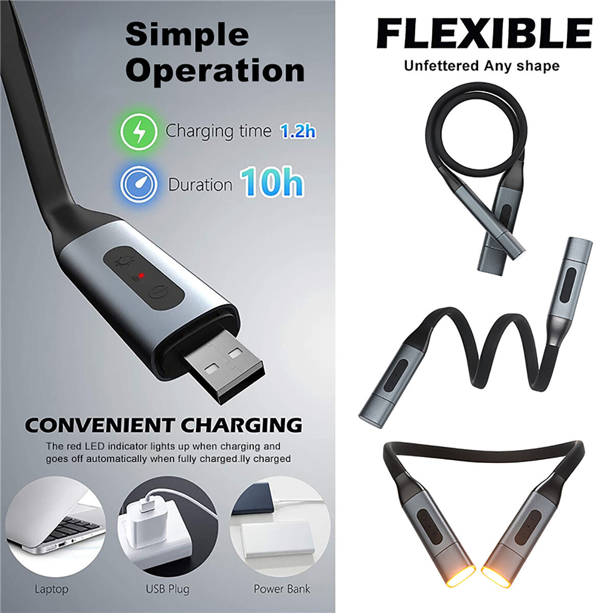 Neck Reading Light - 3 Colors 8 LED Book Light for Reading in Bed Running