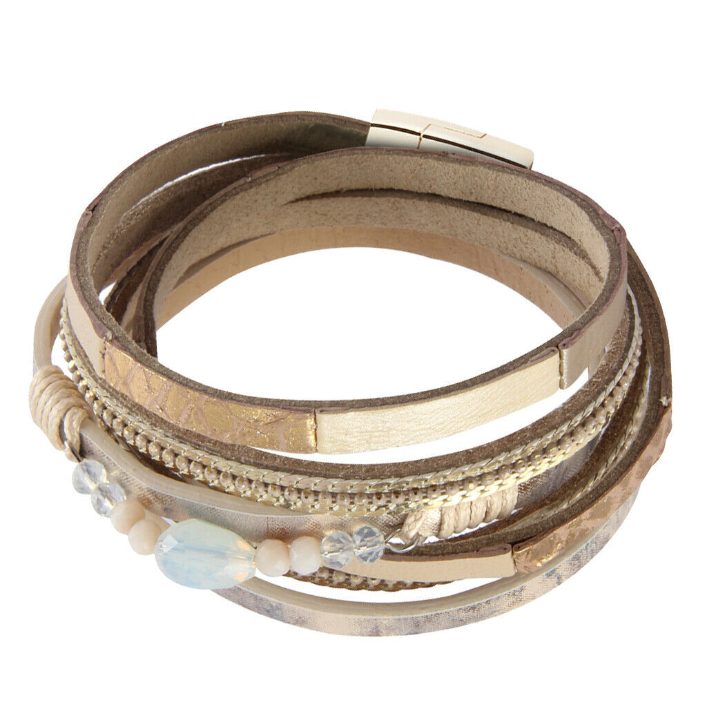 Boho Multi-layer PU Leather Bracelet Bangle Cuff with Rhinestone Light Brown