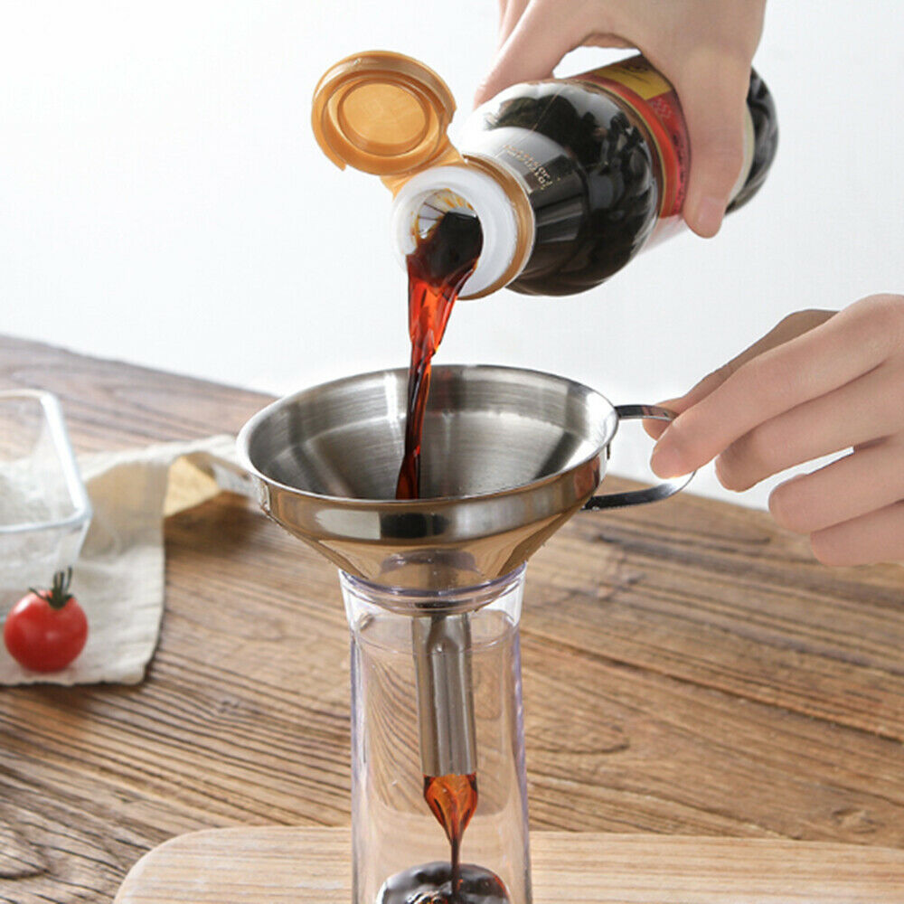 Stainless Steel Funnel Kitchen Oil Soy Sauce Liquid Funnel Detachable Filter