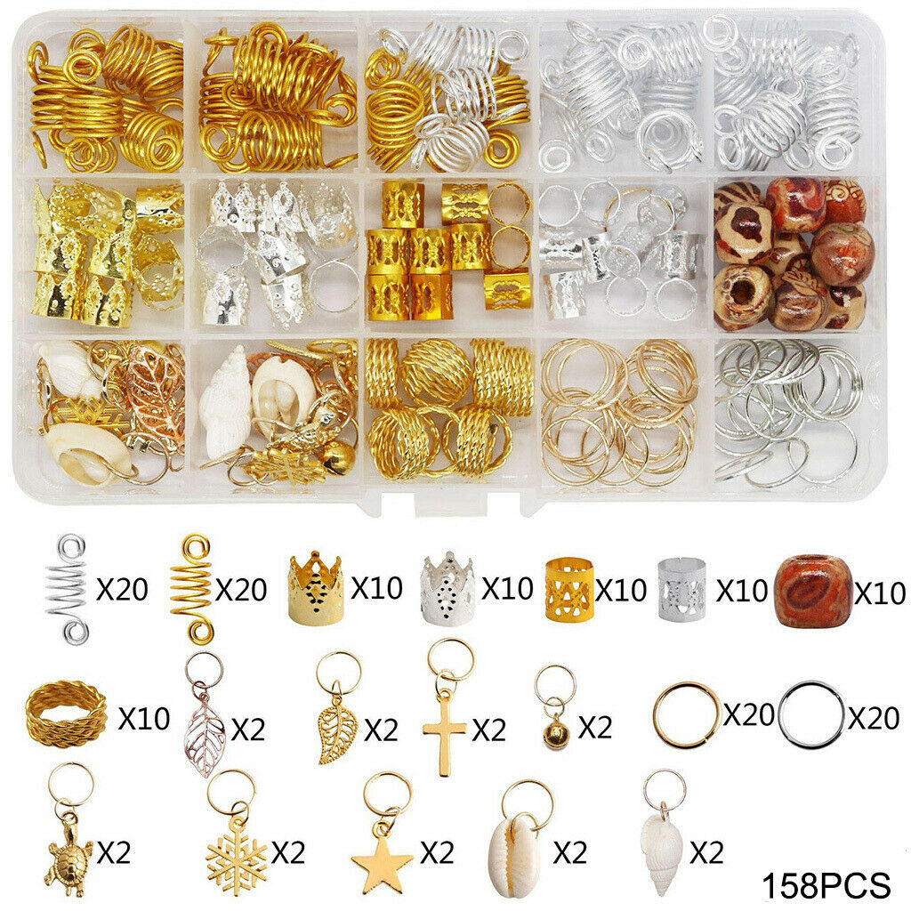 158Pcs Metal Hair Braiding Beads Aluminum Hair Coil Dreadlocks Hoops Set