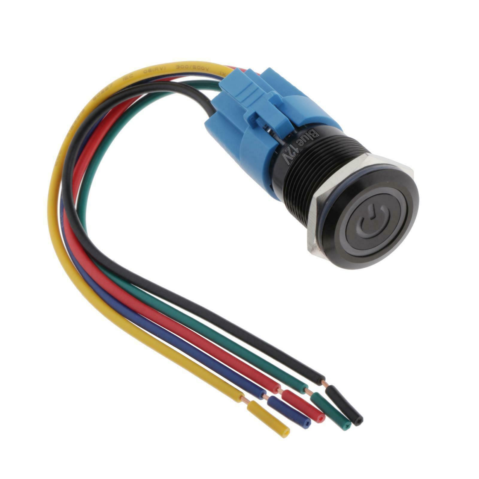 12V Black Latching Push Button Power Switch IP67 Waterproof Blue LED
