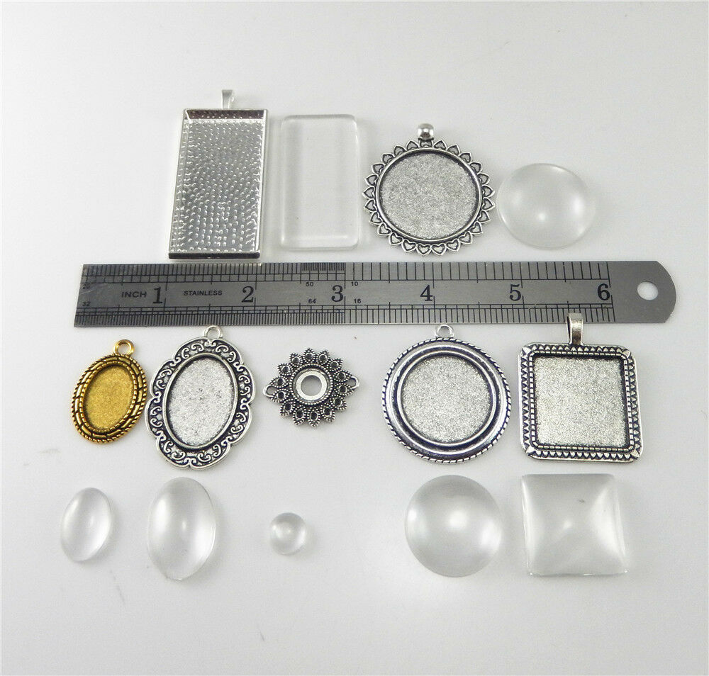 Lot of 15 Assorted Metal Bezels and Glass Cabochons Photo Making Pendants Retro