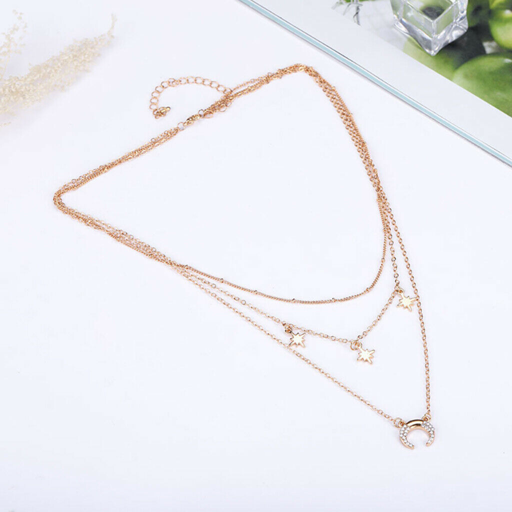 Star Moon Crescent Drop Charm Pendant Necklace Long Chain Boho Jewelry