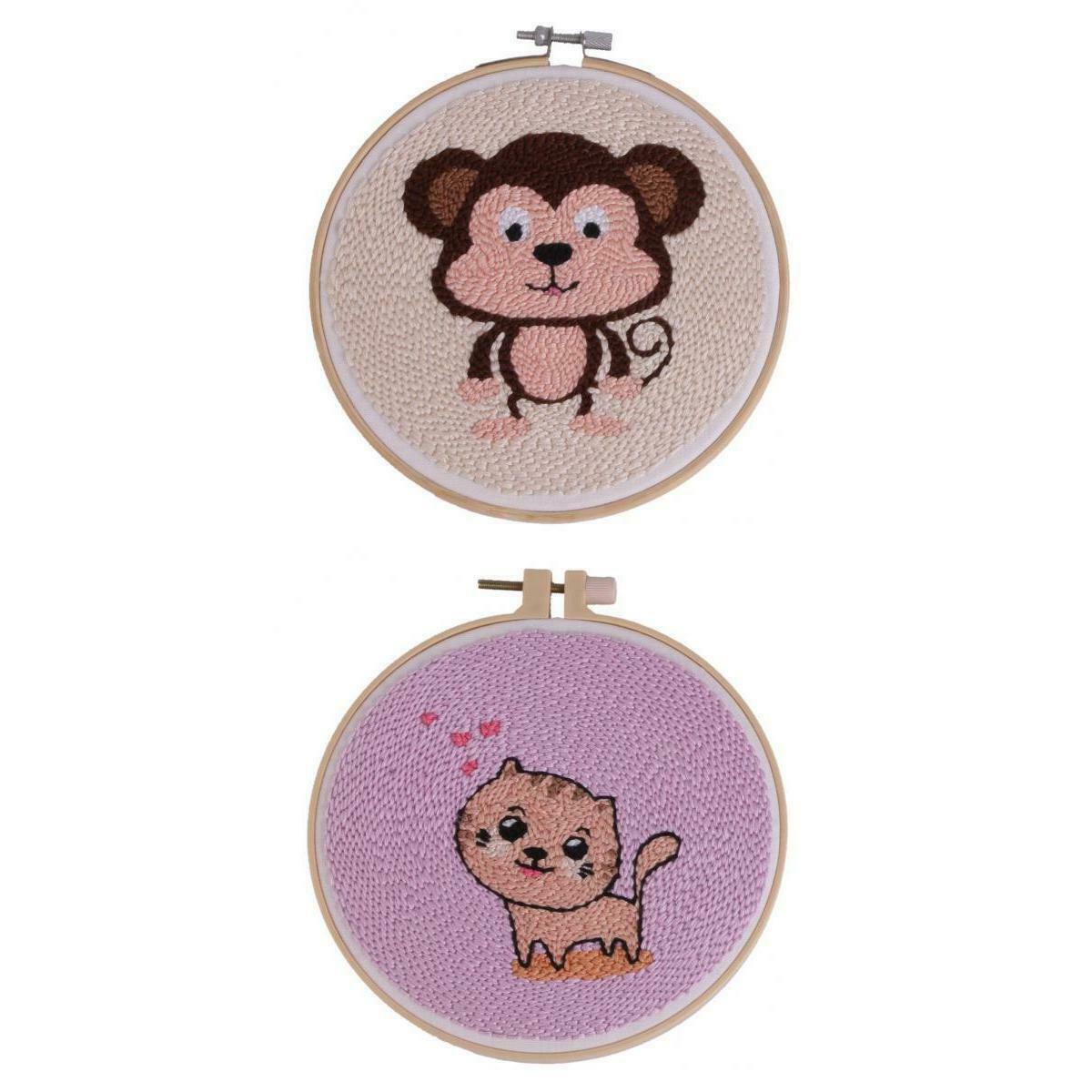 2x Monkey Cat Embroidery Starter Kit Hoop Color Threads Needles Tools Kit