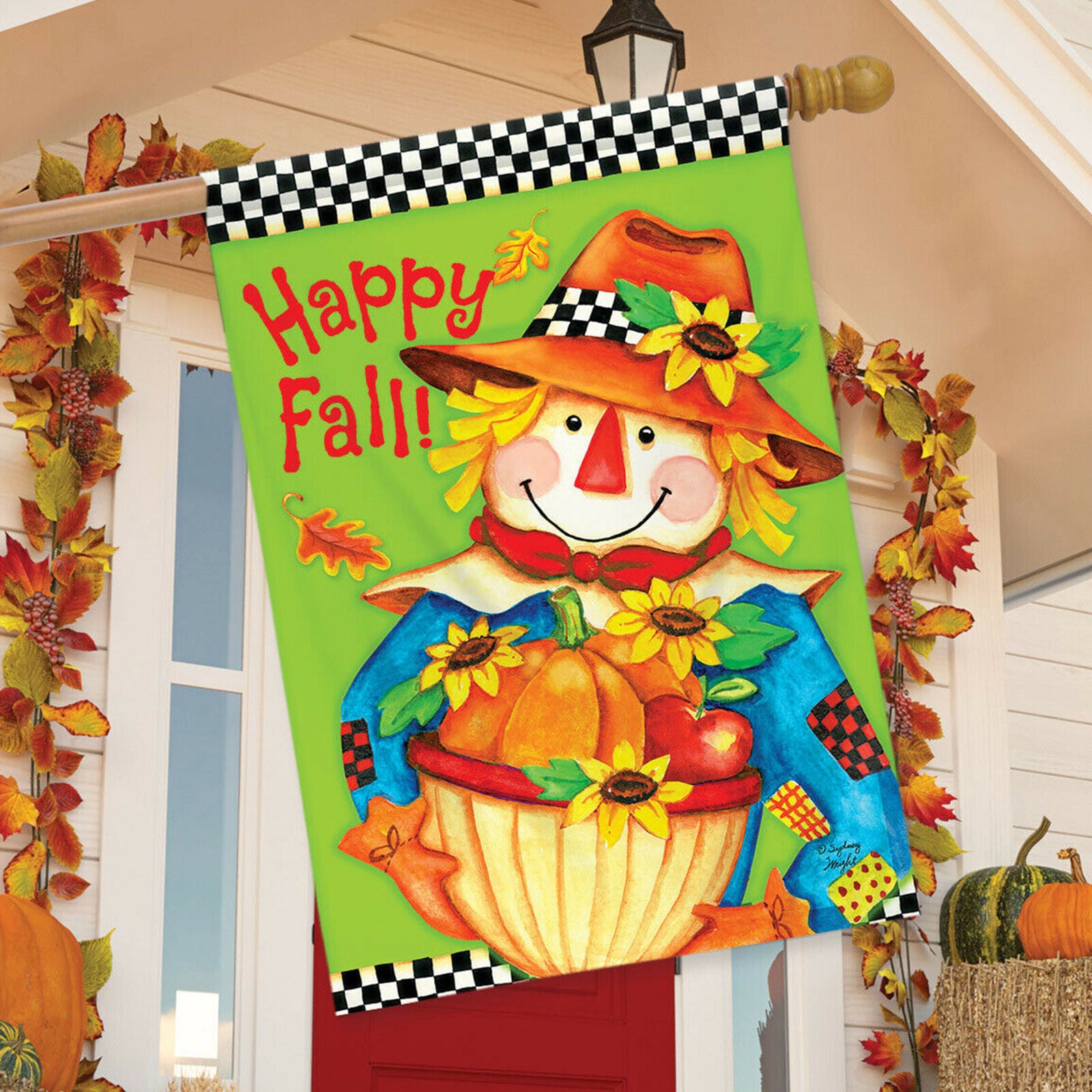 Checkered Scarecrow Fall House Flag Primitive Autumn 28" x 40" Briarwood Lane
