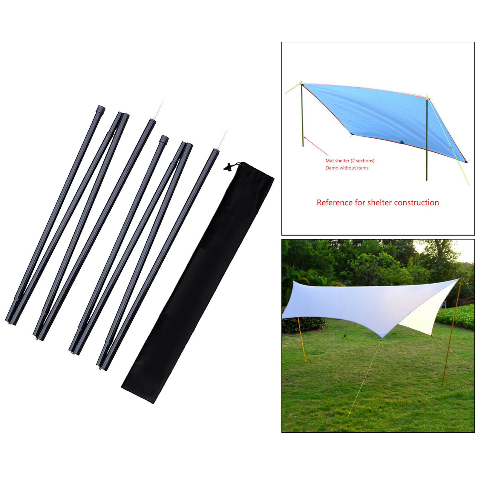 2x Solid Tarp Poles 190cm Backpacking Tent Rod 4 Section with Storage Pouch