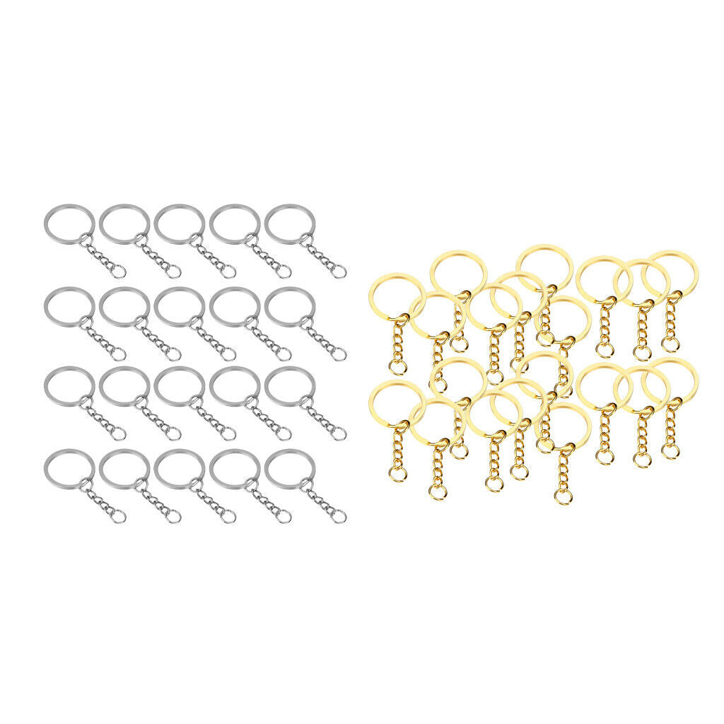 Platinum Tone 20 Keyring Key Chain Finding Split Rings with Link, 28mm
