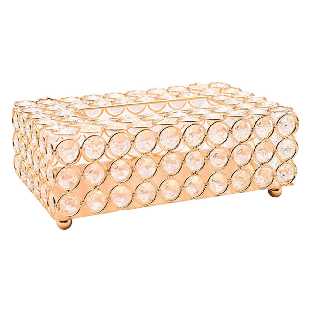 Crystal Facial Tissue Box Cover Golden Rhinestones Napkin Case Kitchen Home