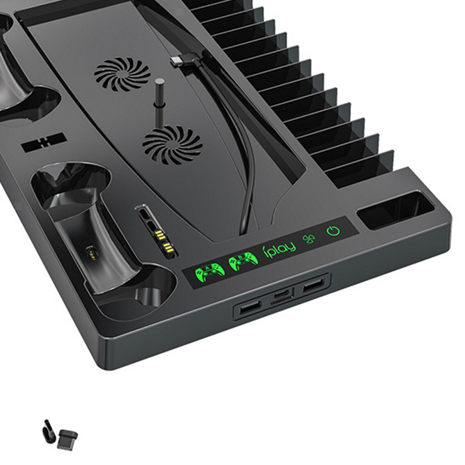 Gaming Charger Vertical Stand w/ Cooling Fan USB Hub For PS5 Dual Controller