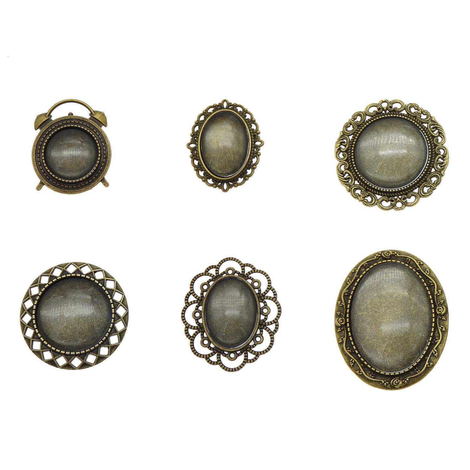 6 sets Mix Antiqued Bronze Pin Brooches Bezel Base Settings with Glass Cabochons