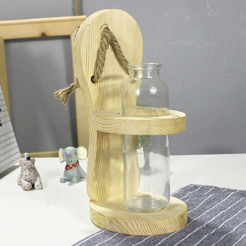 Hydroponic Plants Glass Flower Vase Hanging Planter w/ Wooden Container Home