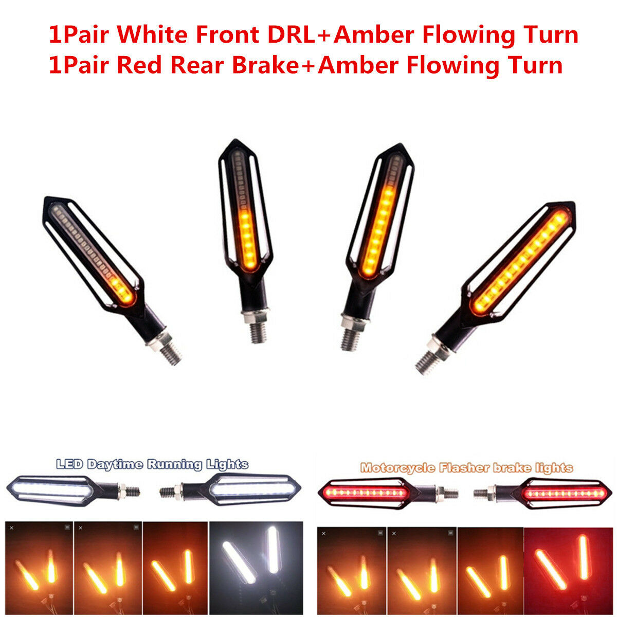 2 Pair Flowing LED Motorcycle Turn Signal Indicator Lights DRL Brake Tail Lights