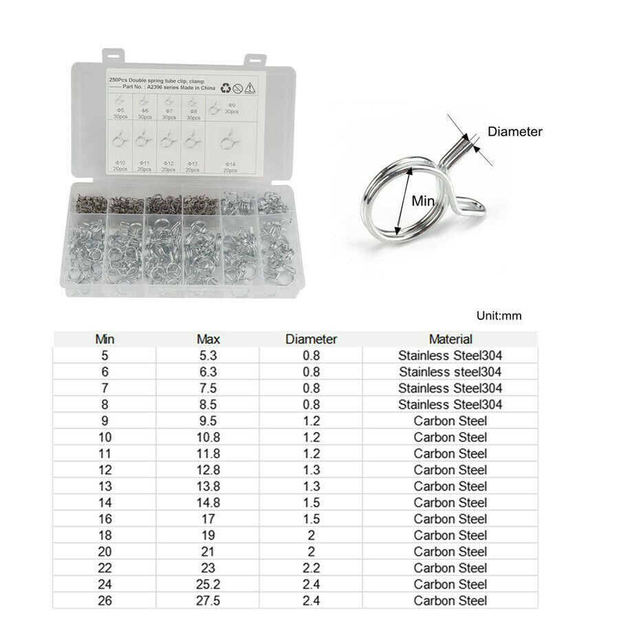 250 Pcs Easy To Disassemble Î¦5-Î¦14  Wire Fuel Line Hose Tube Spring Clamps Kit