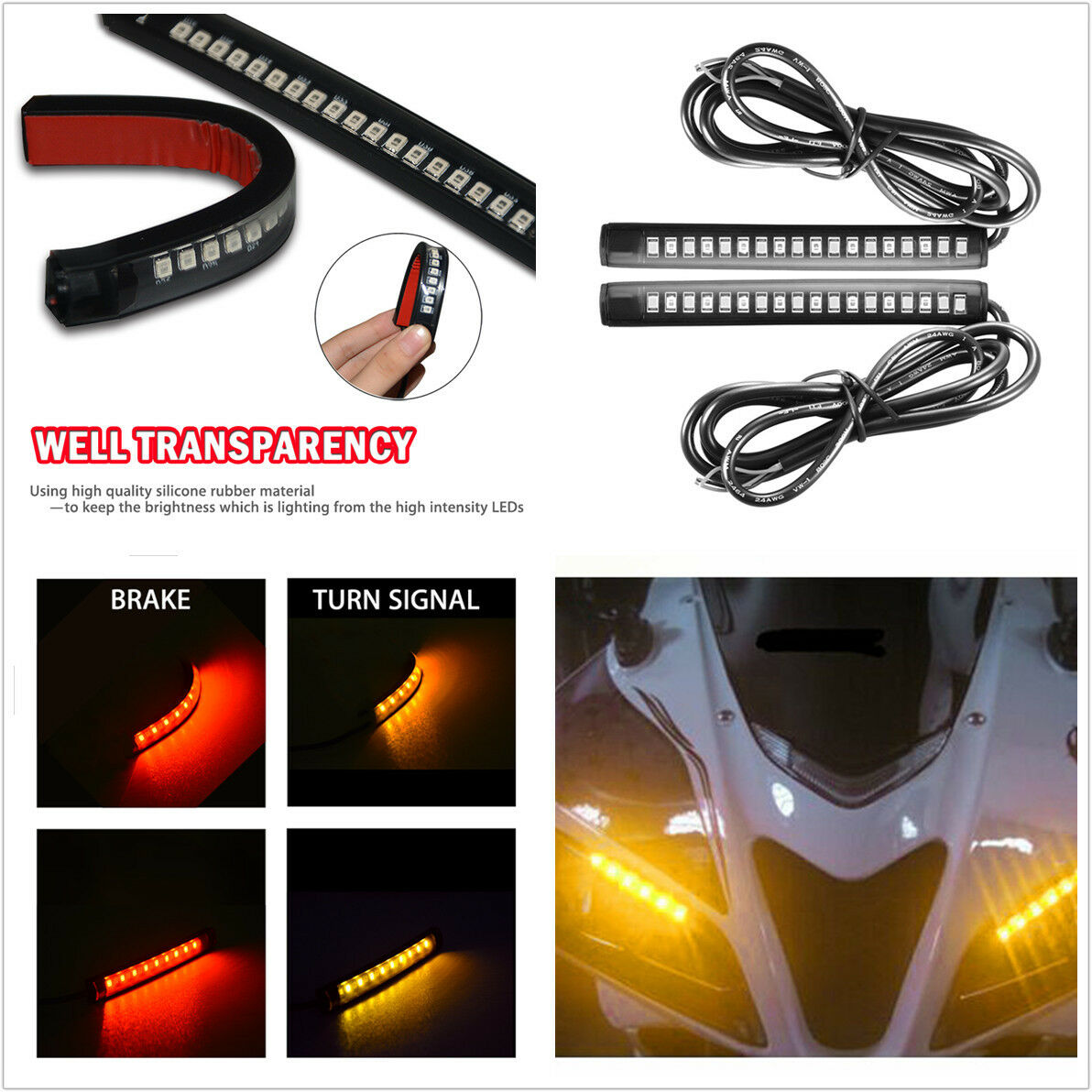 18LED Amber/Red Motorcycle ATV Tail Brake Stop Turn Signal Taillight Strip Light