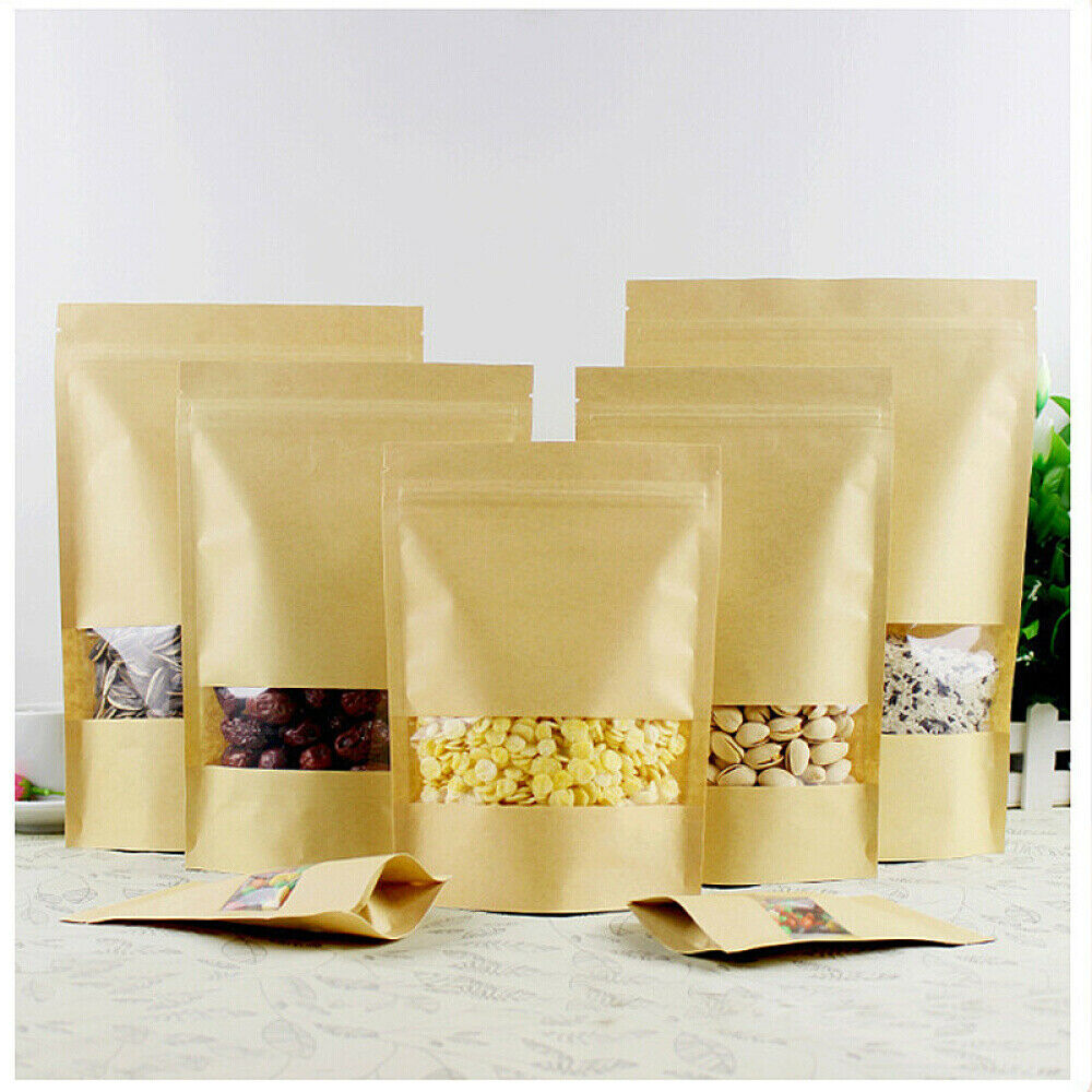 100 Pieces Kraft Bags with Window Stand Up Seal Paper Bag for Home Business